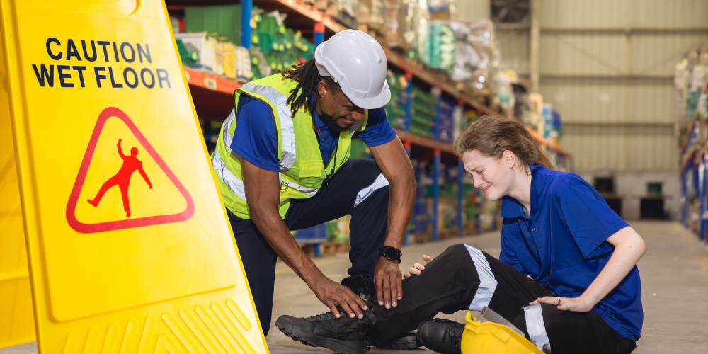 A person being helped who has slipped on a warehouse floor