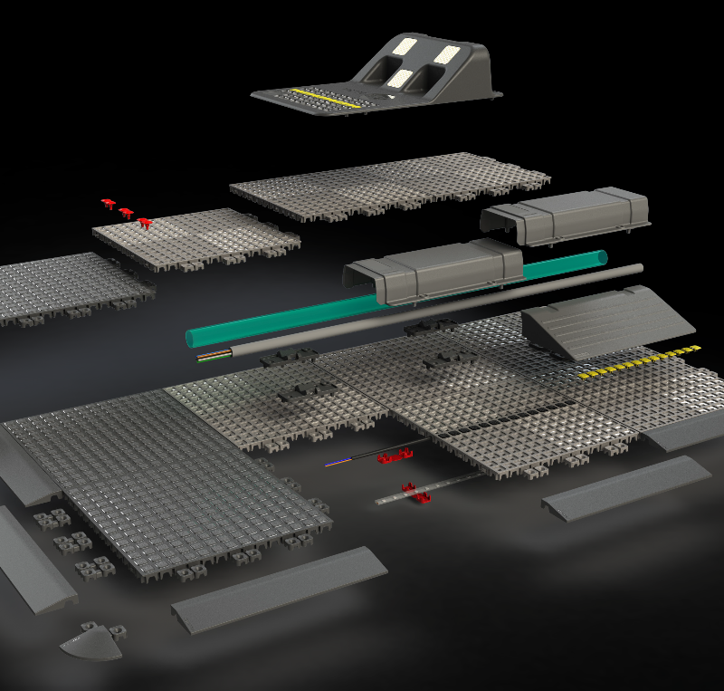 Blown out warehouse flooring system with cables, pipes and other accessories
