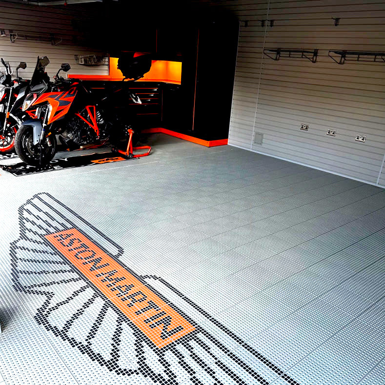 Aston style custom garage floor design grey and orange Versoflor modular flooring